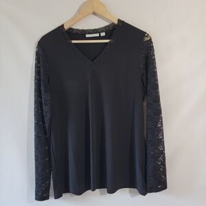 SUSAN GRAVER Womens Black Lace Top Sz M Long Sleeve V-neck Goth Essential Cozy
